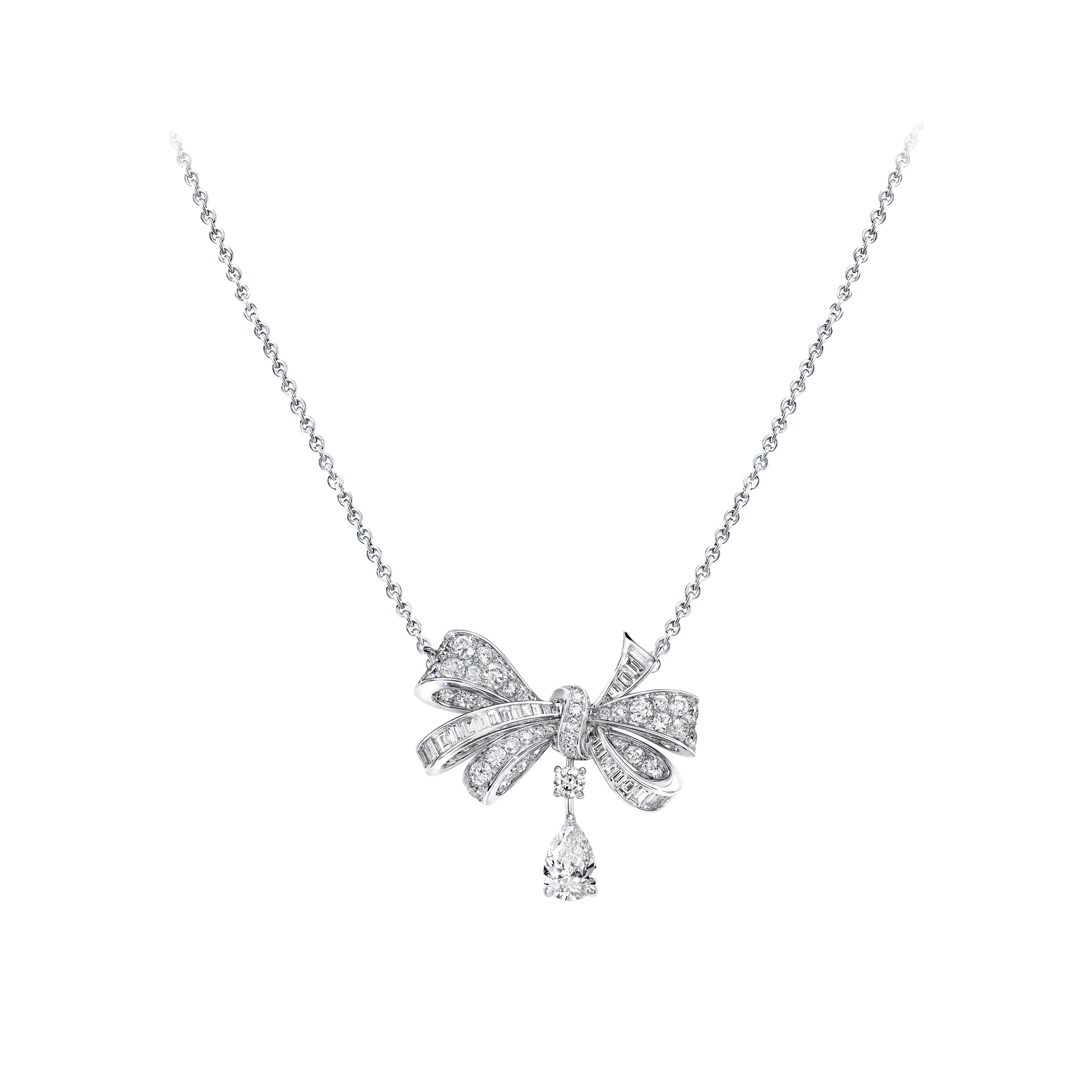 Elegant Diamond Bow Pendant White Gold Necklace
