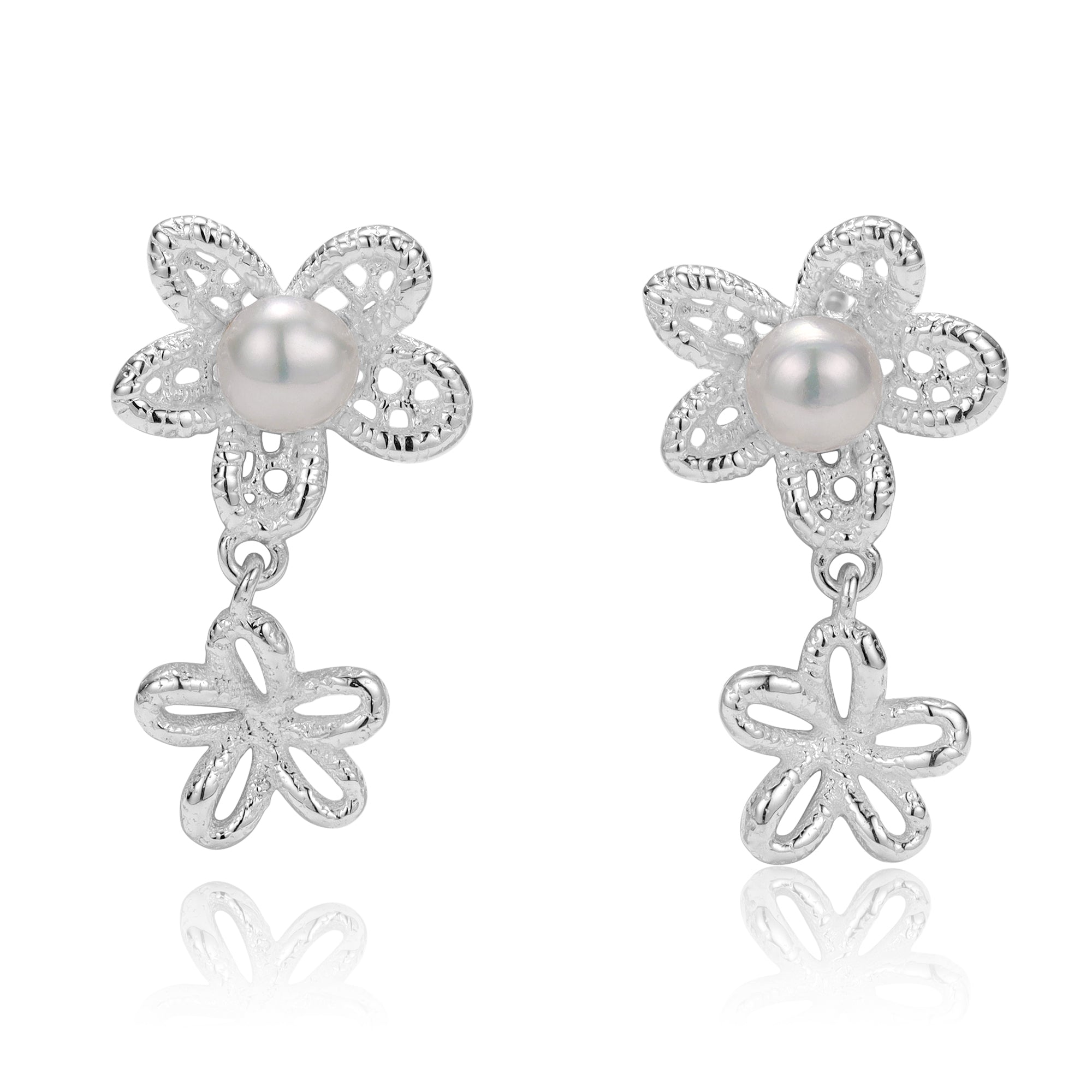 Silver flower-shaped earrings with pearls on a white background