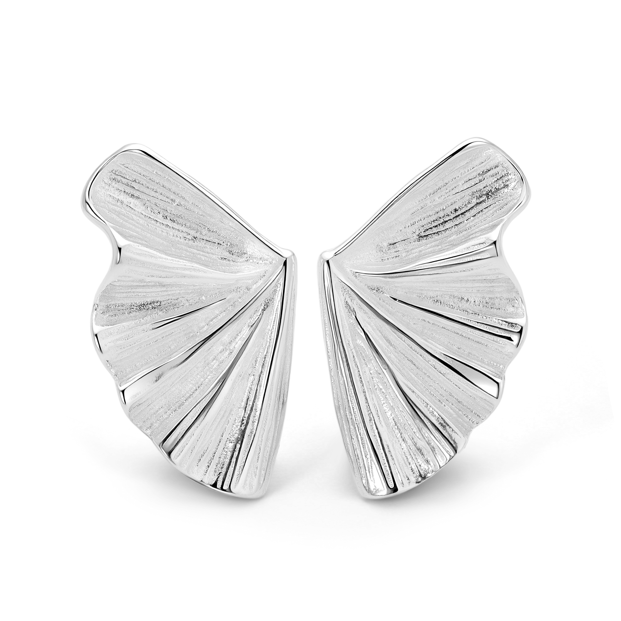 Silver earrings with a wing-like design on a white background
